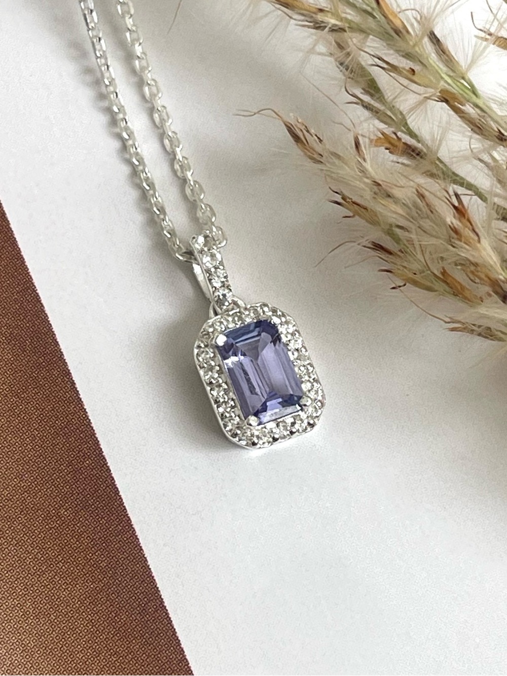 925 Sterling Silver Natural Emerald cut Tanzanite Halo Necklace with Chain